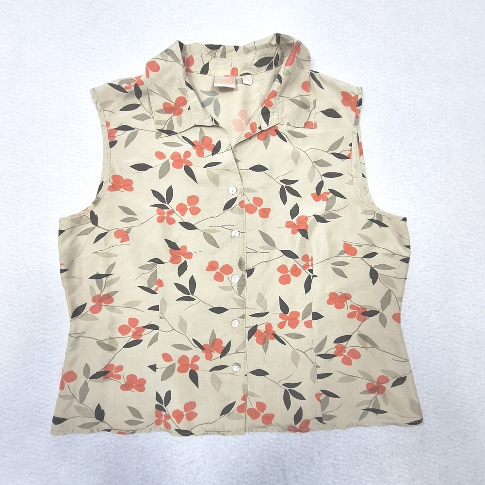 Cleo Blouse Womens Large Tan Floral 100% Silk Sleeveless Button Up Luxury